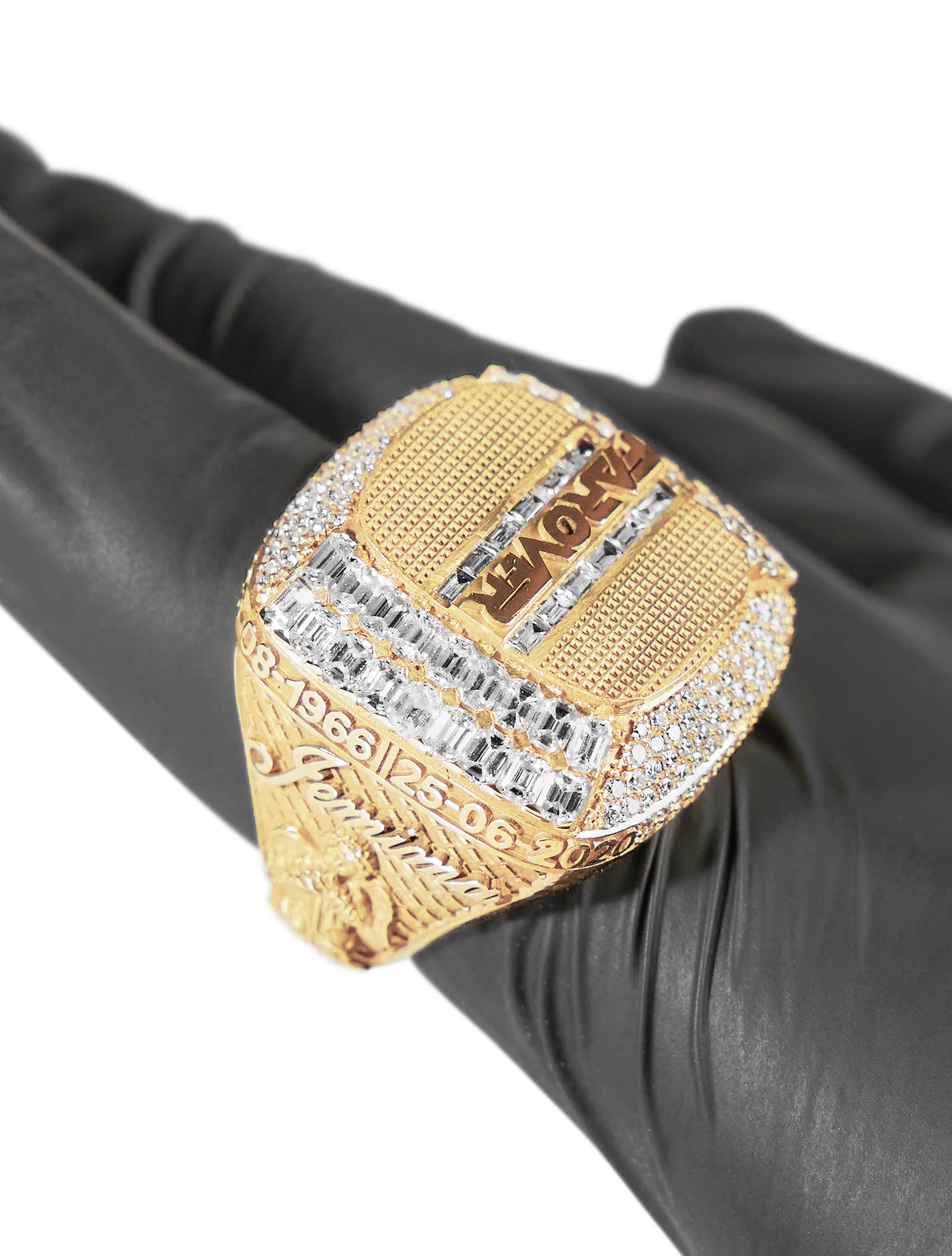 Custom diamond-set yellow-gold memorial ring by Erick Kraftsman
