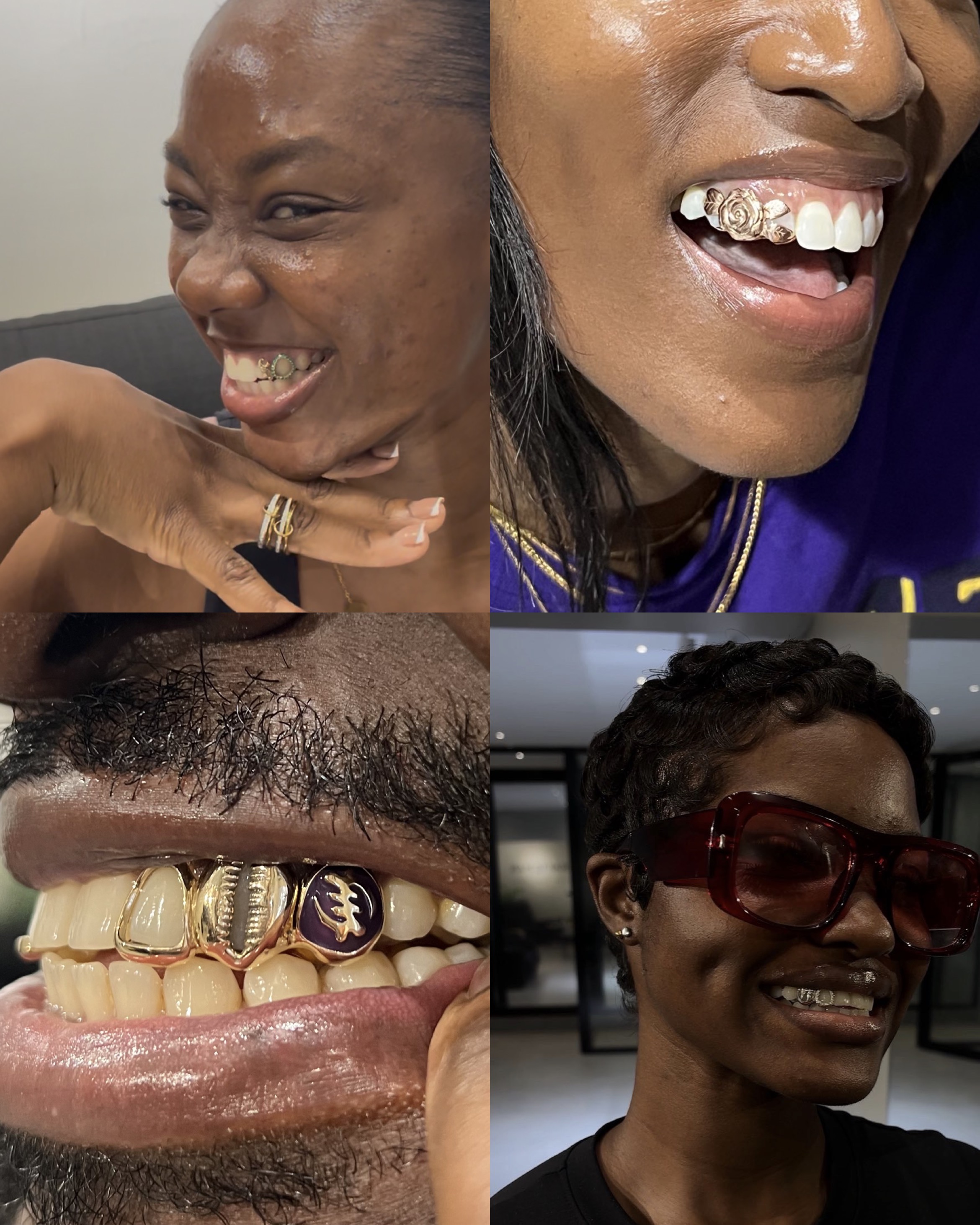 Collage of four clients wearing custom grillz by Erick Kraftsman