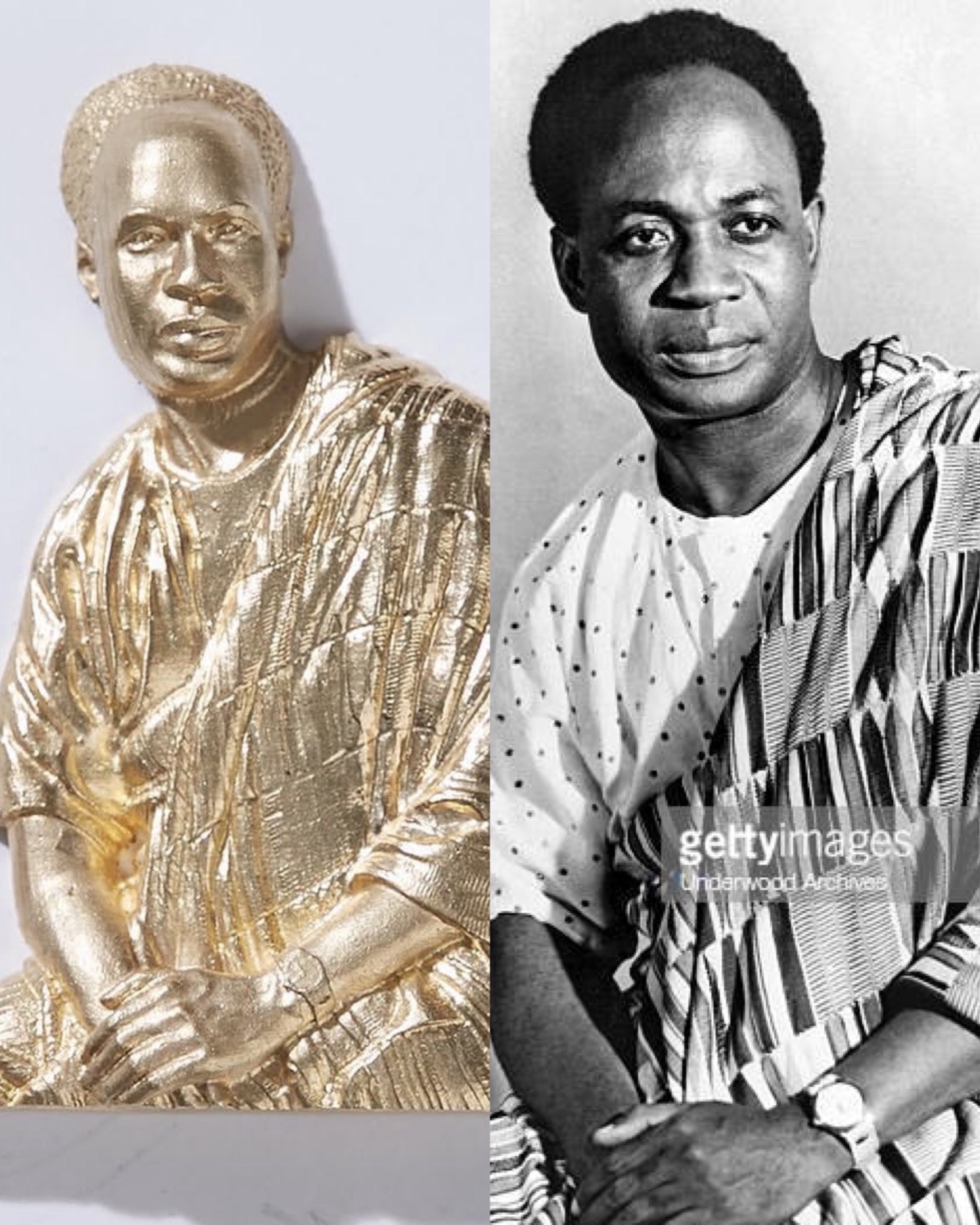 Gold Kwame Nkrumah portrait sculpture beside the archival photograph used as its reference