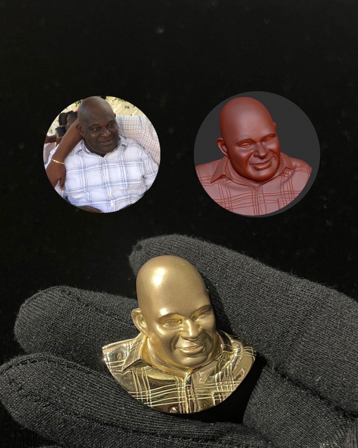Reference photograph, digital portrait model and finished gold portrait pendant shown together